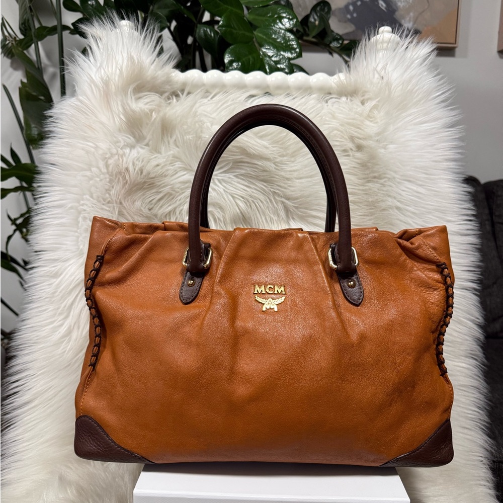 Authentic MCM Leather Satchel with Gold Logo